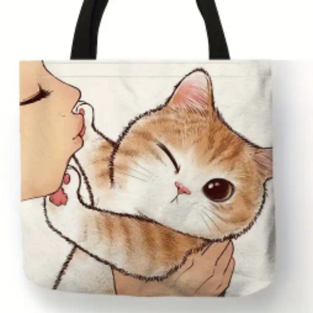 NEW Kissing Kitty Cat Print Tote Bag Large Reusable Orange Tabby #2